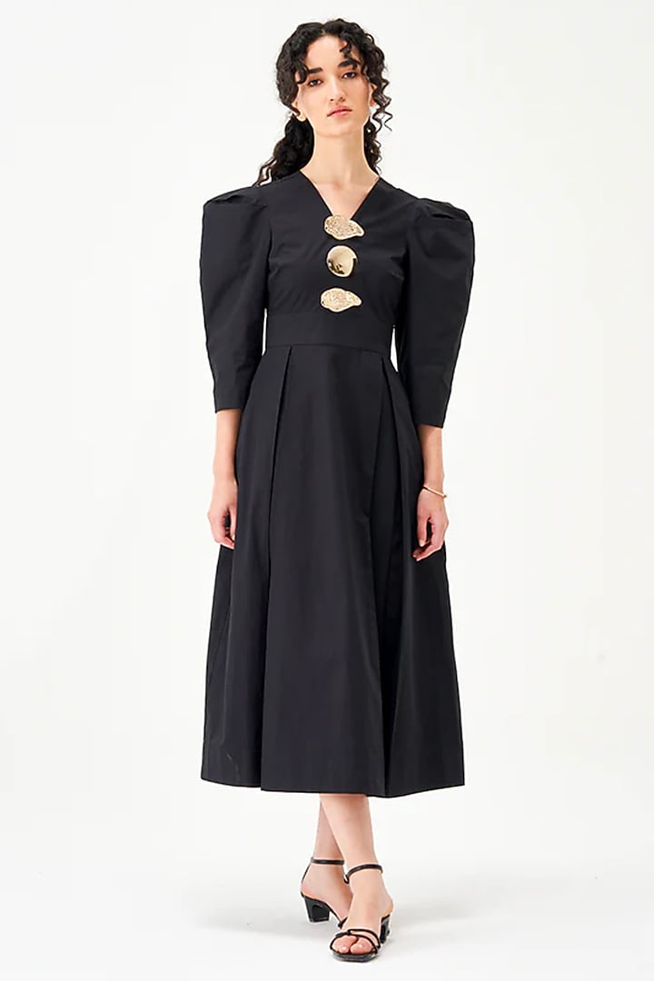 Black Cotton Poplin A-Line Midi Vacation Dress by Notebook at Pernia's Pop Up Shop