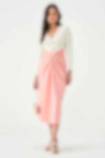 White & Pink Polyester Ruched Summer Dress by Notebook at Pernia's Pop Up Shop