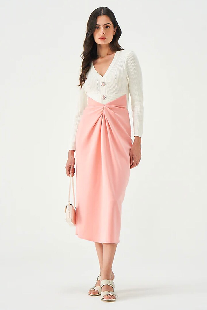 White & Pink Polyester Ruched Summer Dress by Notebook at Pernia's Pop Up Shop