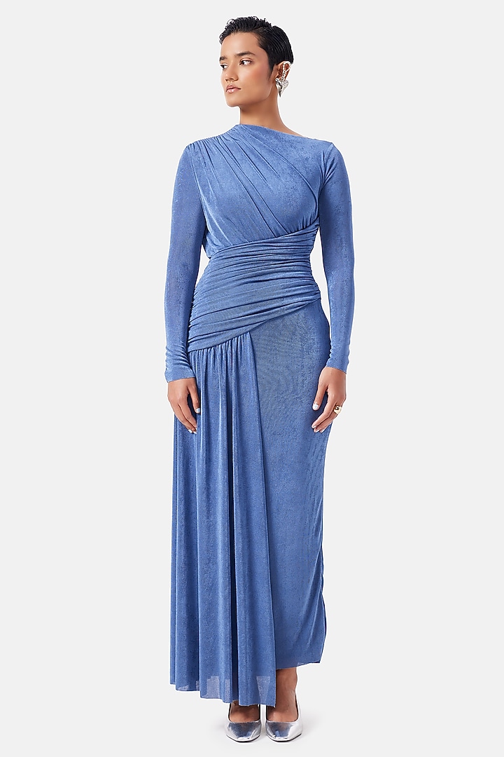 Steel Blue Polyester Maxi Vacation Dress by Notebook at Pernia's Pop Up Shop