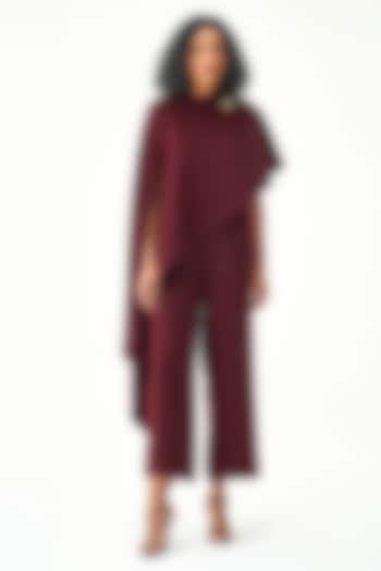 Wine Polyester Draped Jumpsuit by Notebook at Pernia's Pop Up Shop