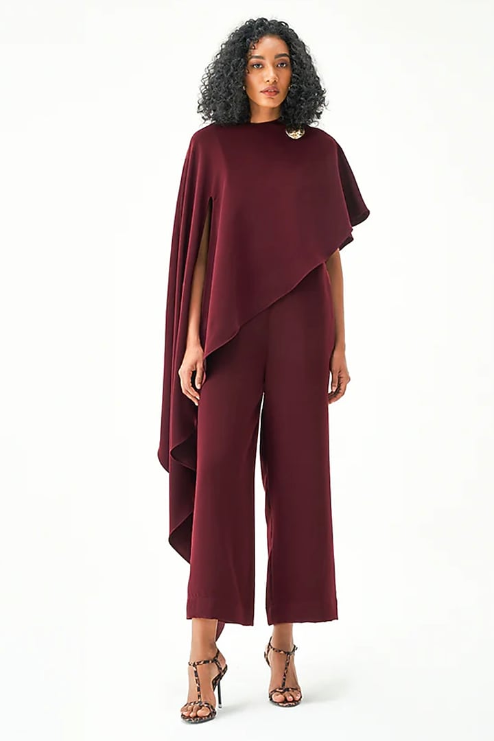 Wine Polyester Draped Jumpsuit by Notebook at Pernia's Pop Up Shop