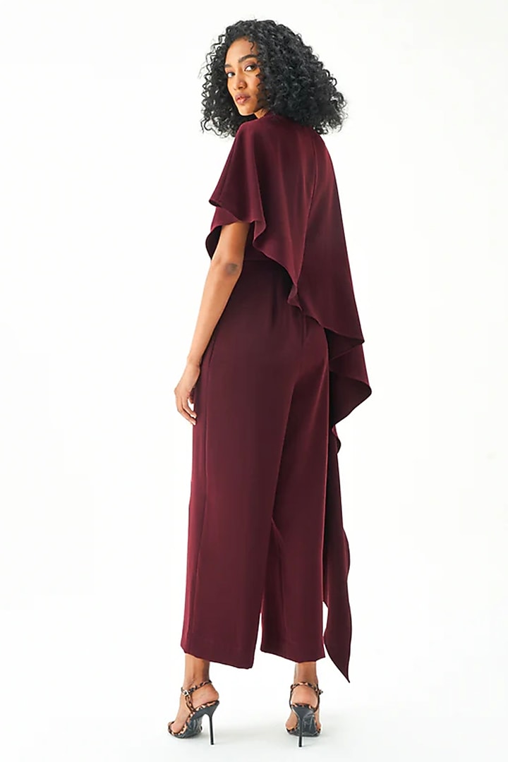 Wine Polyester Draped Jumpsuit by Notebook at Pernia's Pop Up Shop