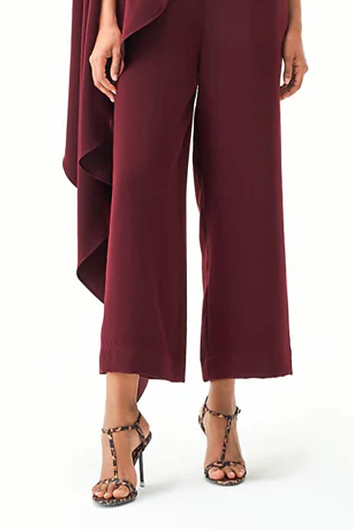 Wine Polyester Draped Jumpsuit by Notebook at Pernia's Pop Up Shop
