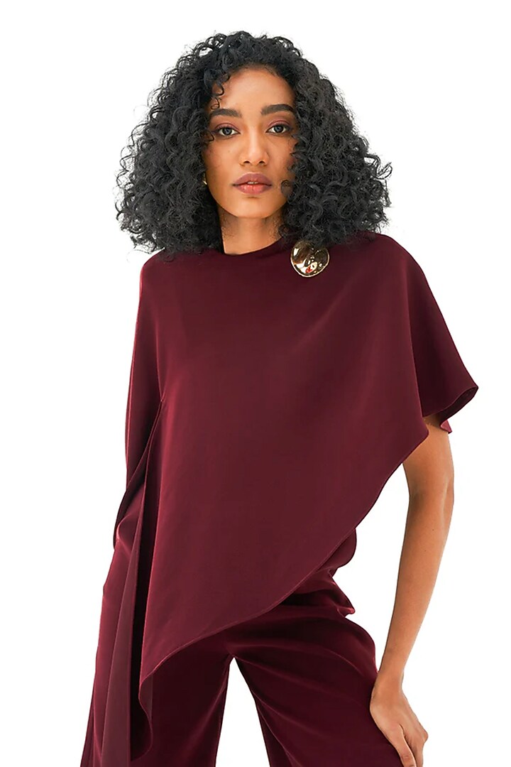 Wine Polyester Draped Jumpsuit by Notebook at Pernia's Pop Up Shop