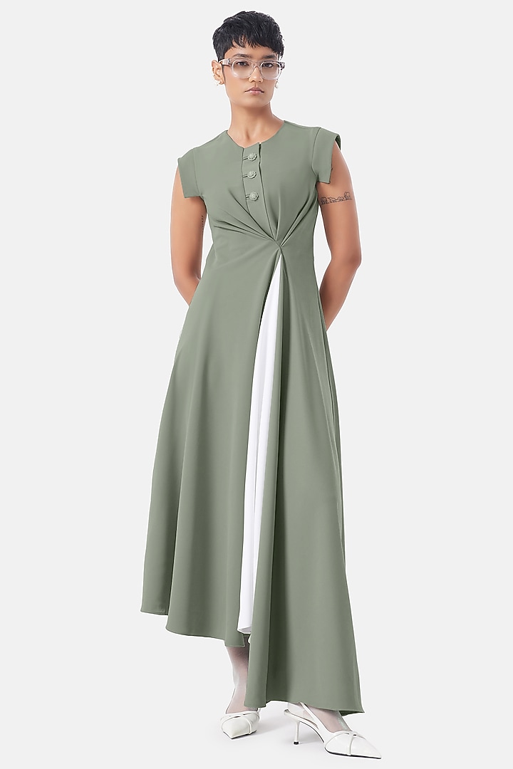 Basil Green Polyester Draped Summer Dress by Notebook at Pernia's Pop Up Shop