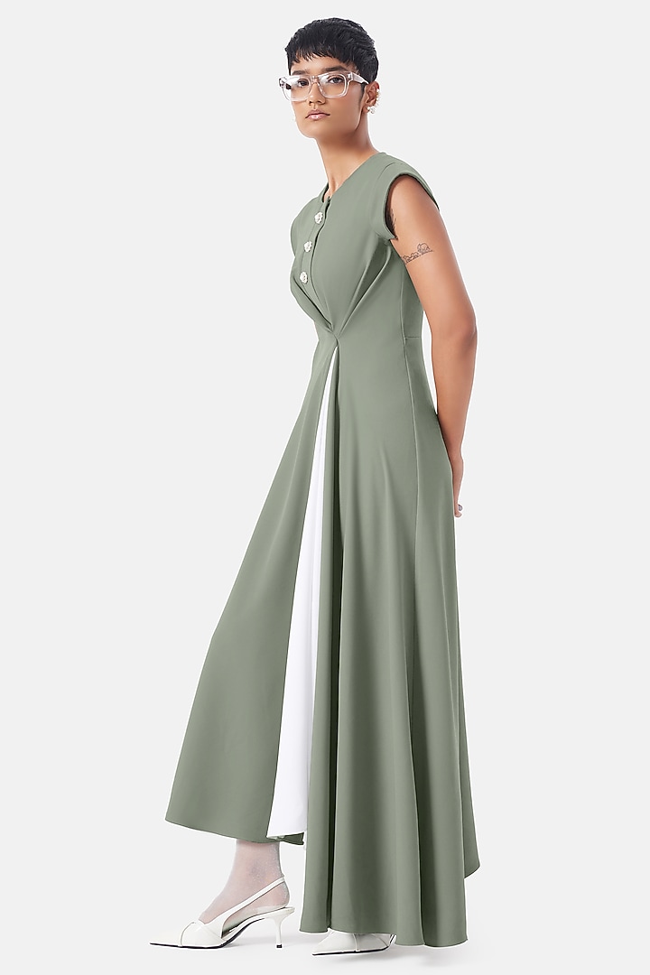 Basil Green Polyester Draped Summer Dress by Notebook at Pernia's Pop Up Shop