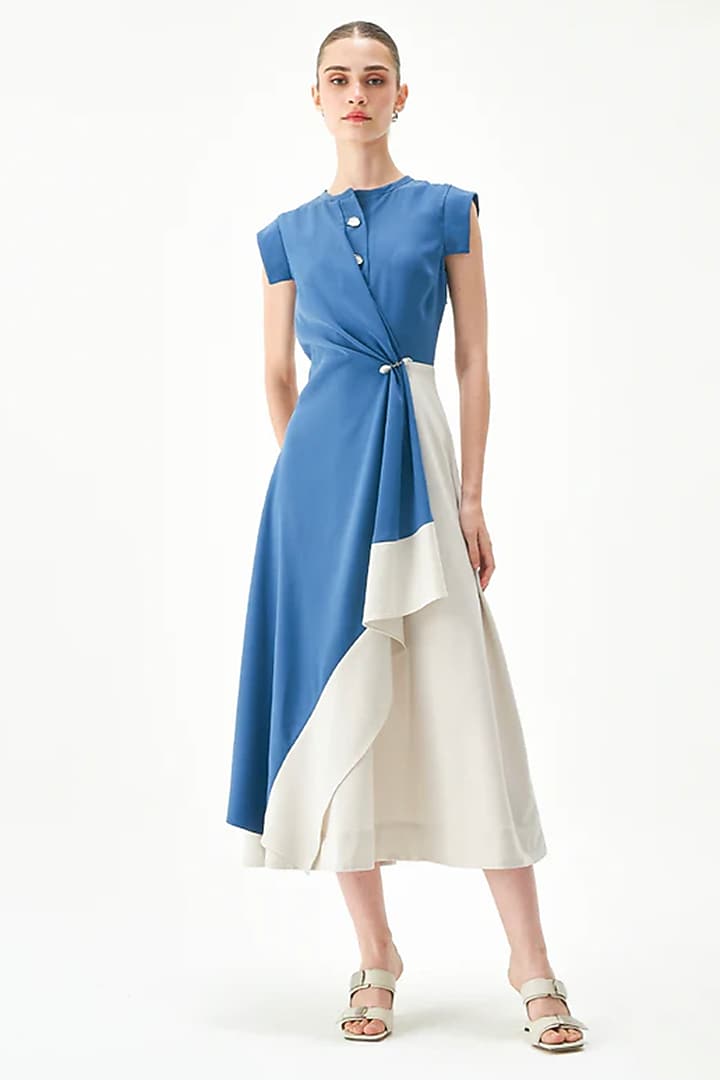  Prussian Blue & Ecru Premium Japanese Crepe Vacation Shirt Dress  by Notebook at Pernia's Pop Up Shop