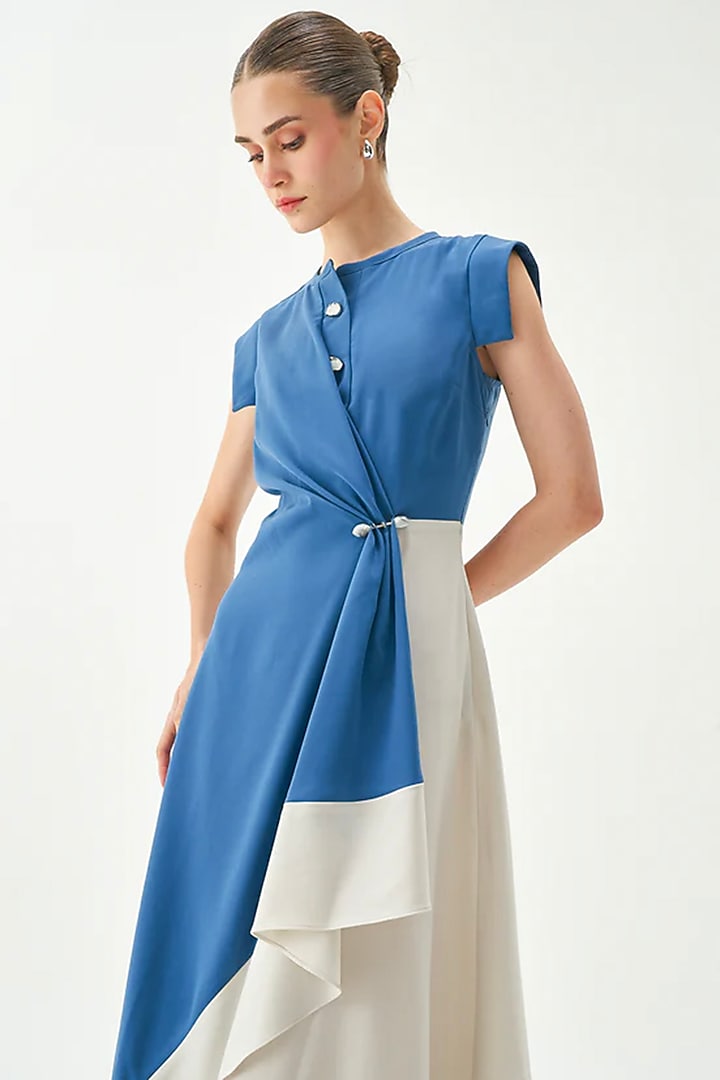 Prussian Blue & Ecru Premium Japanese Crepe Vacation Shirt Dress by Notebook at Pernia's Pop Up Shop