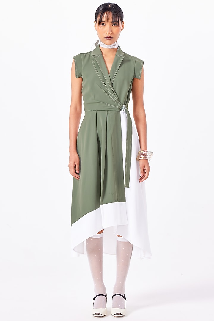 Basil Green Polyester Draped Midi Summer Dress by Notebook at Pernia's Pop Up Shop