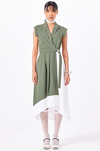 Basil Green Polyester Draped Midi Dress by Notebook