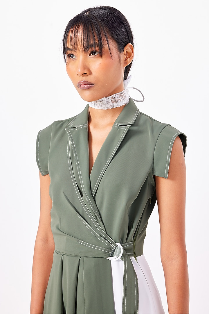 Basil Green Polyester Draped Midi Summer Dress by Notebook at Pernia's Pop Up Shop