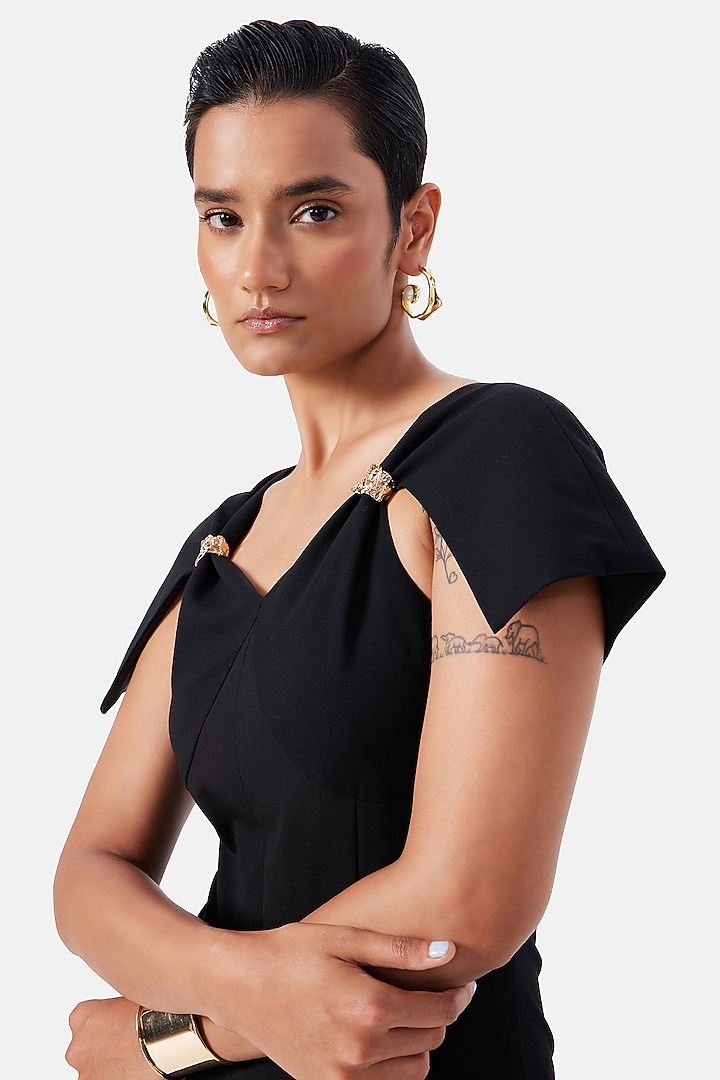 Black Polyester Draped Midi Summer Dress by Notebook at Pernia's Pop Up Shop