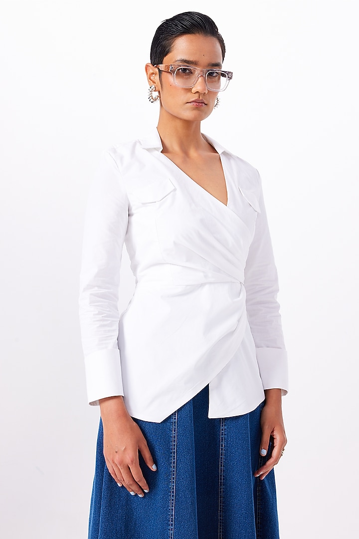 White Cotton Wrap Shirt by Notebook at Pernia's Pop Up Shop
