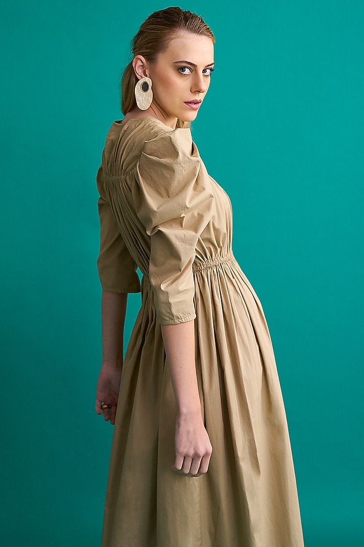 Beige Cotton Poplin Midi Summer Dress by Notebook at Pernia's Pop Up Shop