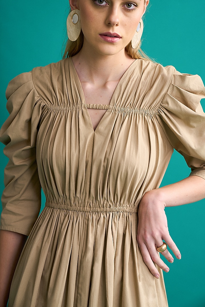 Beige Cotton Poplin Midi Summer Dress by Notebook at Pernia's Pop Up Shop