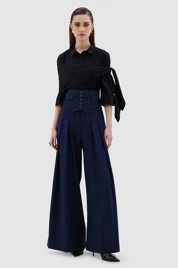Navy Blue Poly Viscose Lycra Patriz Trouser by Notebook at Pernia's Pop Up Shop
