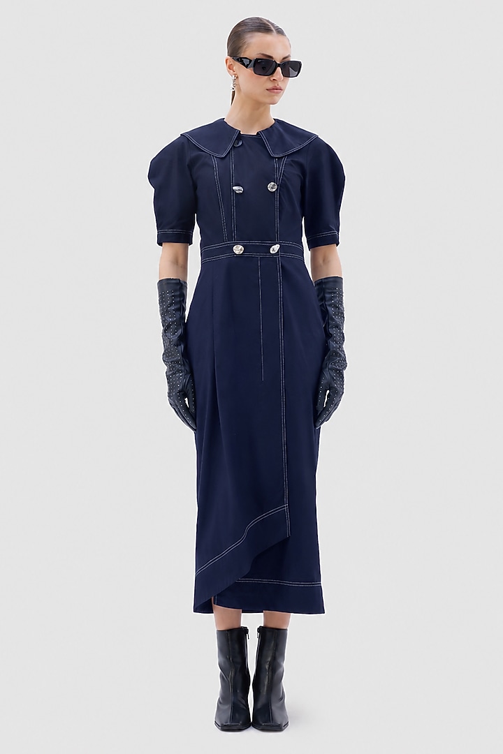 Navy Blue Cotton Poplin Midi Summer Dress by Notebook at Pernia's Pop Up Shop