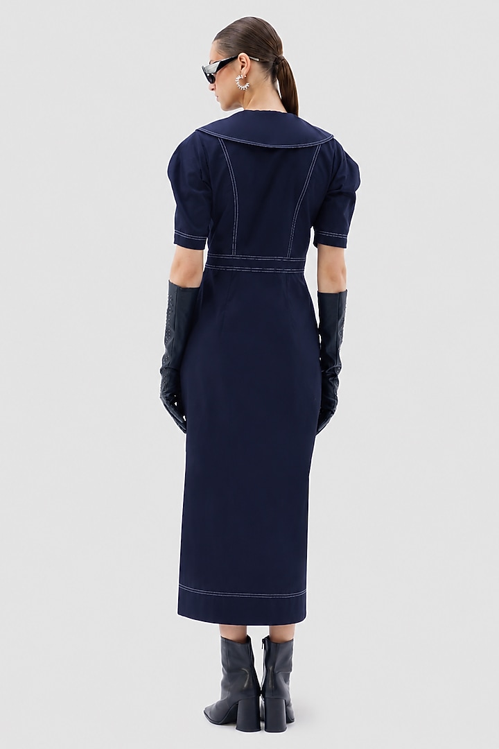Navy Blue Cotton Poplin Midi Summer Dress by Notebook at Pernia's Pop Up Shop