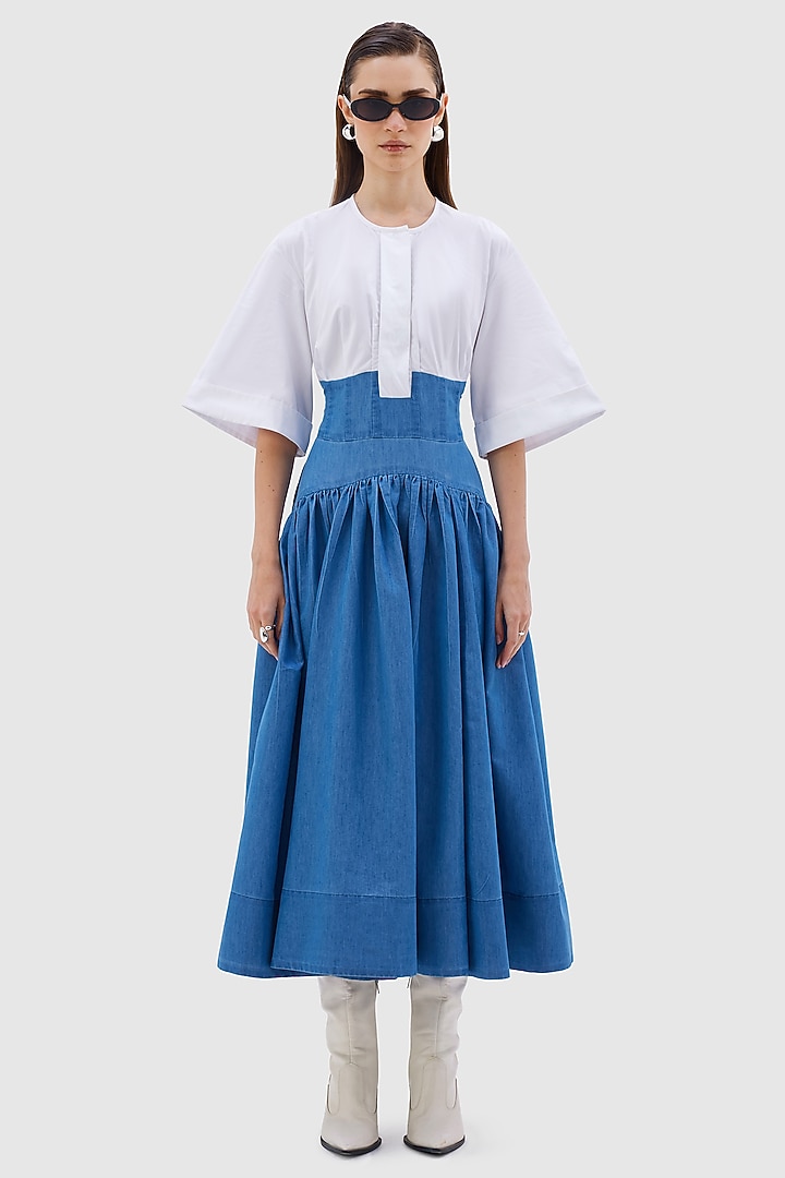 White & Blue Denim Tencel Midi Summer Dress by Notebook at Pernia's Pop Up Shop