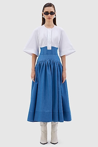 White & Blue Denim Tencel Midi Dress by Notebook