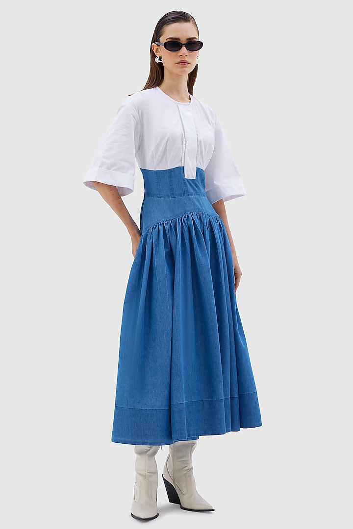 White & Blue Denim Tencel Midi Summer Dress by Notebook at Pernia's Pop Up Shop
