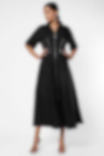 Black Cotton Twill Long A-Line Dress by Notebook