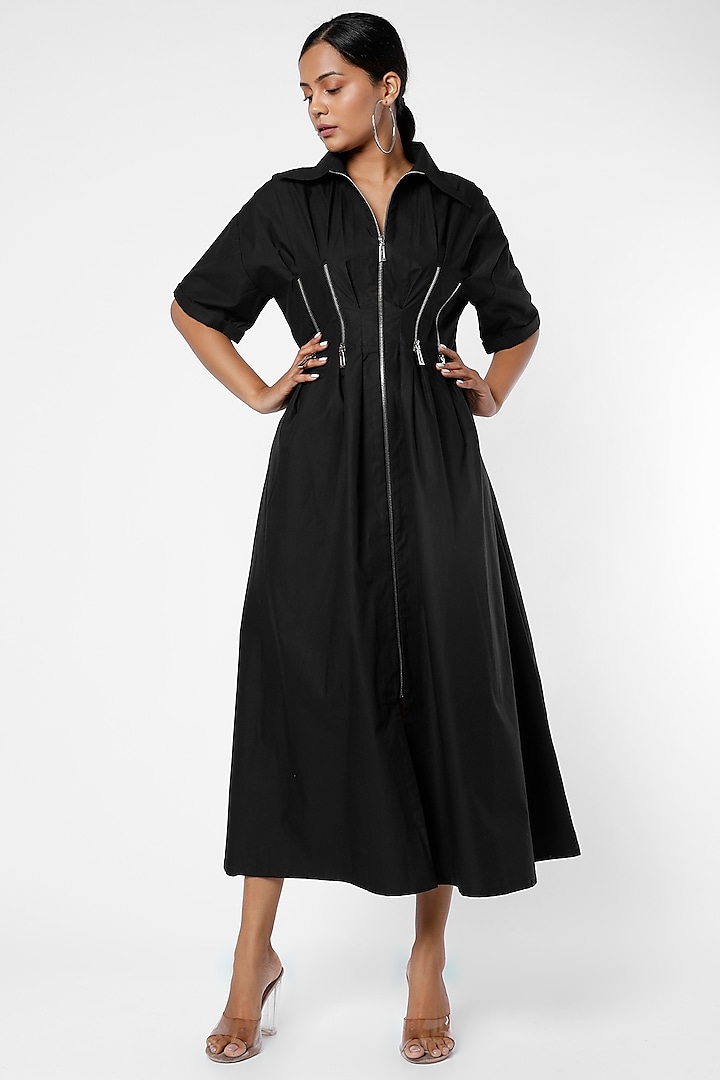 Black Cotton Twill Long A-Line Dress by Notebook