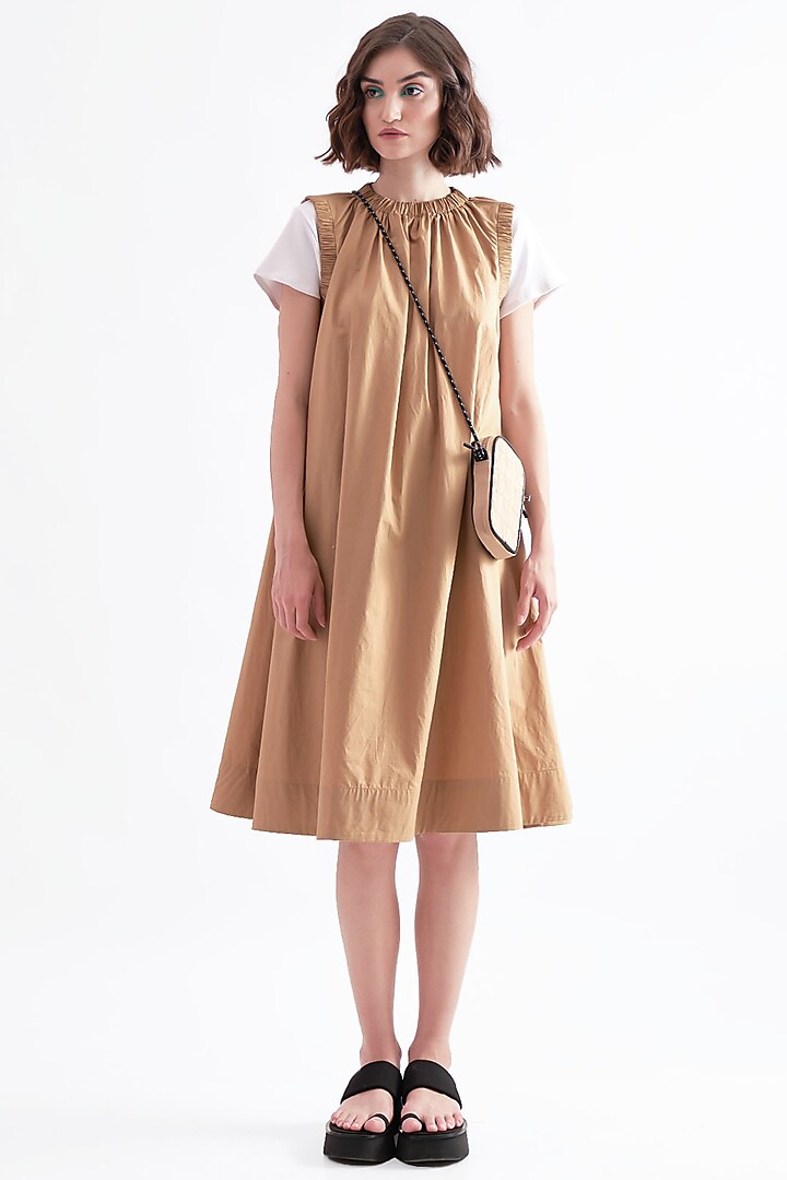 French Beige Cotton Poplin Elasticated Dress by Notebook
