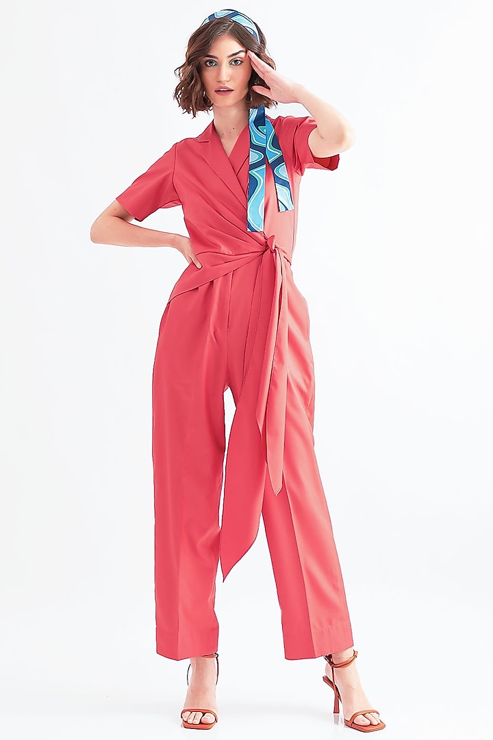 Melon Peach Polyester Draped Jumpsuit by Notebook