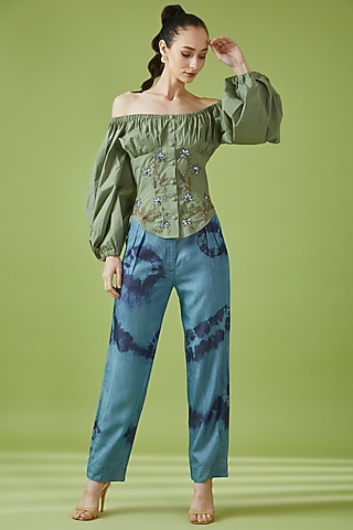 Olive Poplin & Cotton Hand Embroidered Corset Top by NOTRE AME