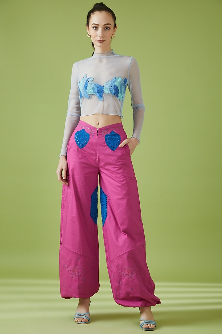 Blue Polyamide & Elastane Embroidered Top by NOTRE AME