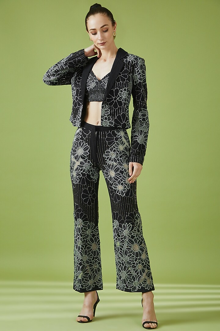 Black Cotton Hand Embroidered Blazer Set by NOTRE AME at Pernia's Pop Up Shop