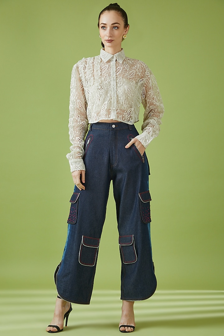 Blue Cotton & Polyester Embroidered Cargo Pants by NOTRE AME