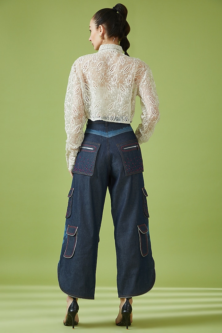 Blue Cotton & Polyester Embroidered Cargo Pants by NOTRE AME at Pernia's Pop Up Shop