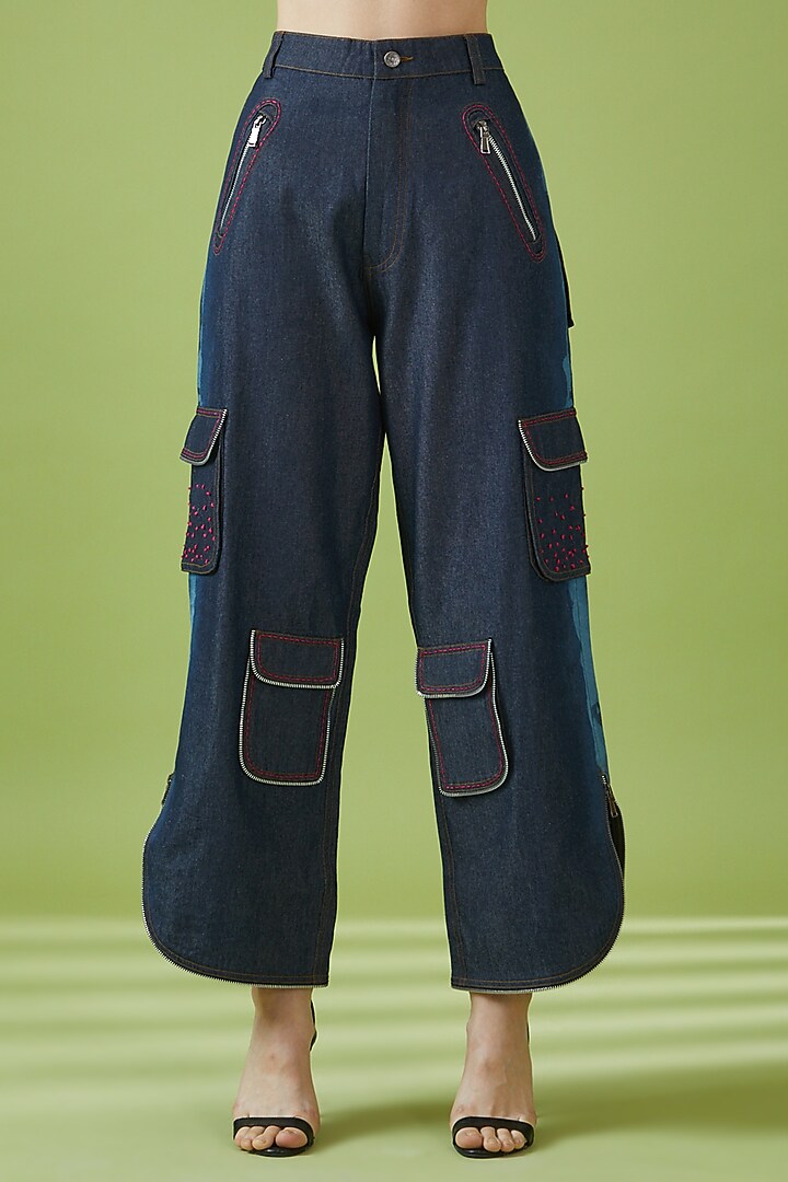Blue Cotton & Polyester Embroidered Cargo Pants by NOTRE AME at Pernia's Pop Up Shop