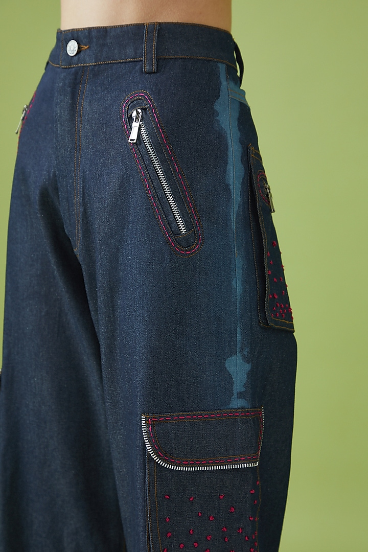 Blue Cotton & Polyester Embroidered Cargo Pants by NOTRE AME at Pernia's Pop Up Shop