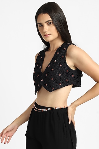Black Cotton Hand Embroidered Waistcoat Cropped Top by NOTRE AME