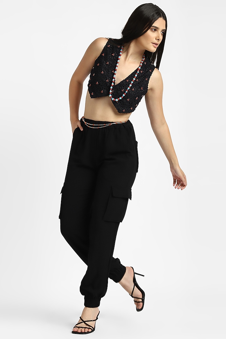 Black Cotton Hand Embroidered Waistcoat Cropped Top by NOTRE AME at Pernia's Pop Up Shop