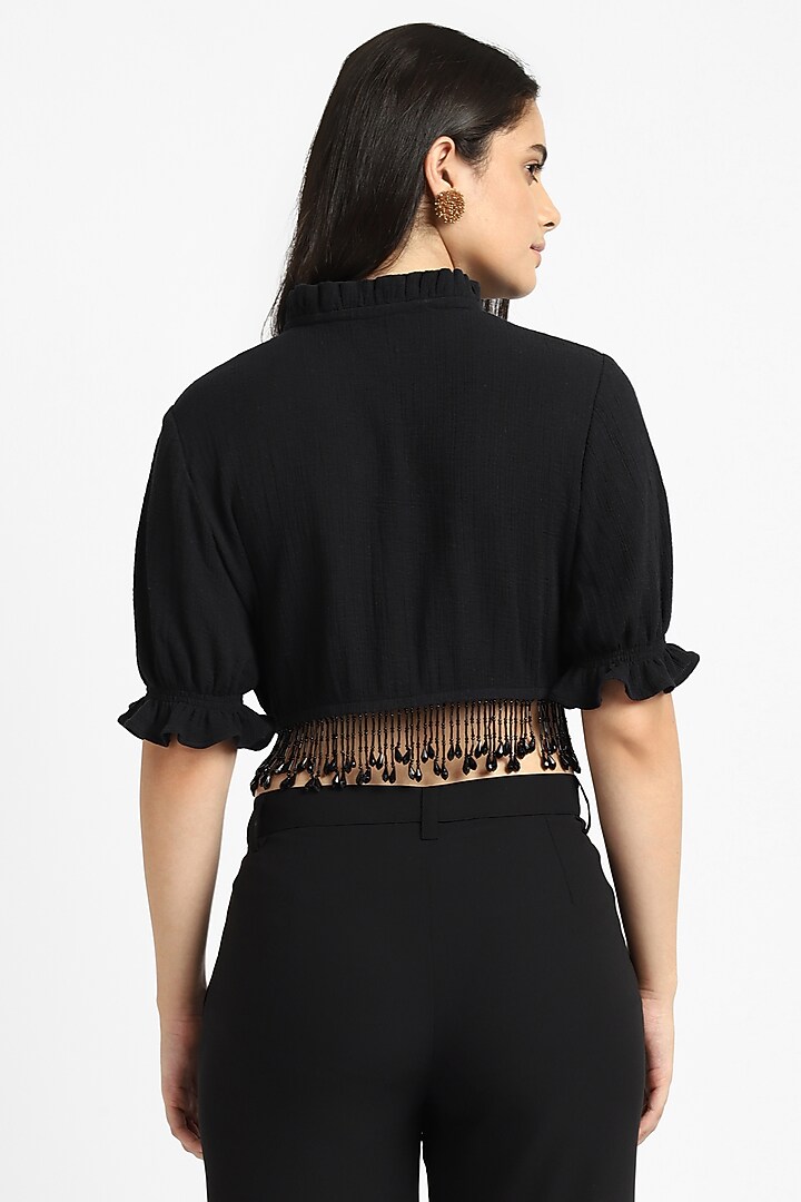 Black Cotton Fringe Embellished Top by NOTRE AME at Pernia's Pop Up Shop