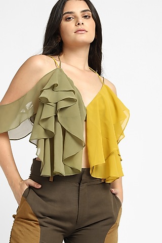 Olive Green & Yellow Georgette Frilled Top by NOTRE AME