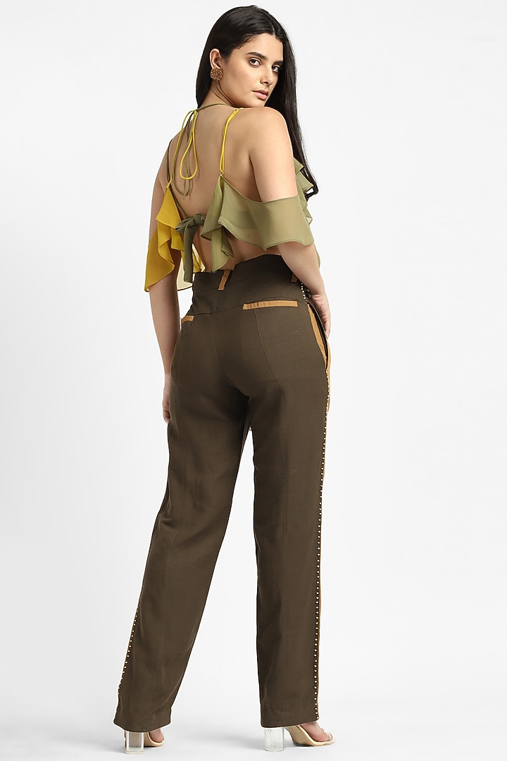 Olive Green & Yellow Georgette Frilled Top by NOTRE AME at Pernia's Pop Up Shop