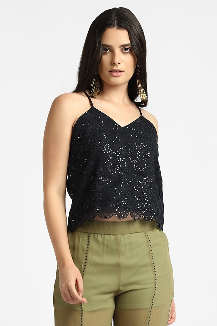 Black Mesh Sequin Embroidered Cami Top by NOTRE AME