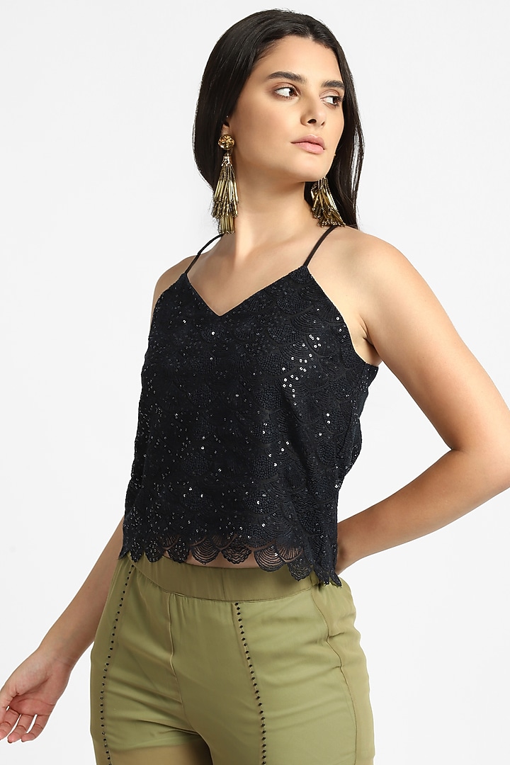 Black Mesh Sequin Embroidered Cami Top by NOTRE AME at Pernia's Pop Up Shop