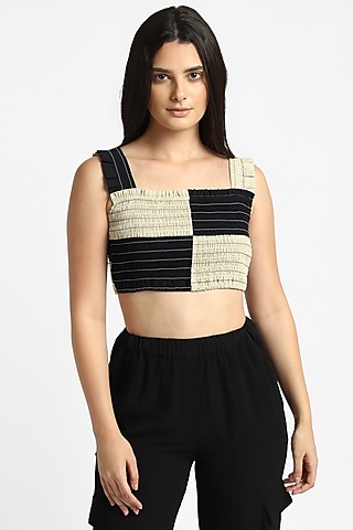 Black & Beige Cotton Smocked Cropped Top by NOTRE AME