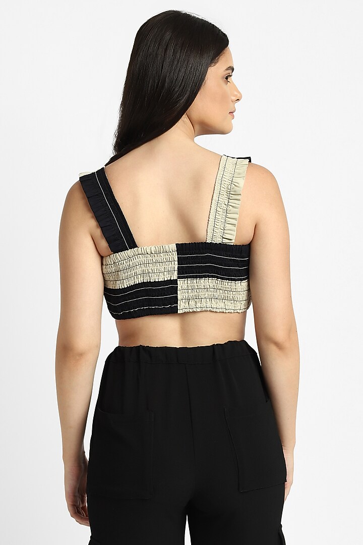 Black & Beige Cotton Smocked Cropped Top by NOTRE AME at Pernia's Pop Up Shop