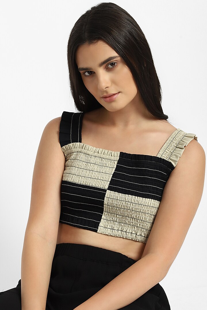 Black & Beige Cotton Smocked Cropped Top by NOTRE AME at Pernia's Pop Up Shop