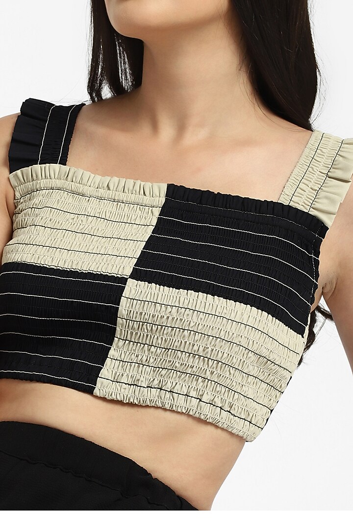 Black & Beige Cotton Smocked Cropped Top by NOTRE AME at Pernia's Pop Up Shop