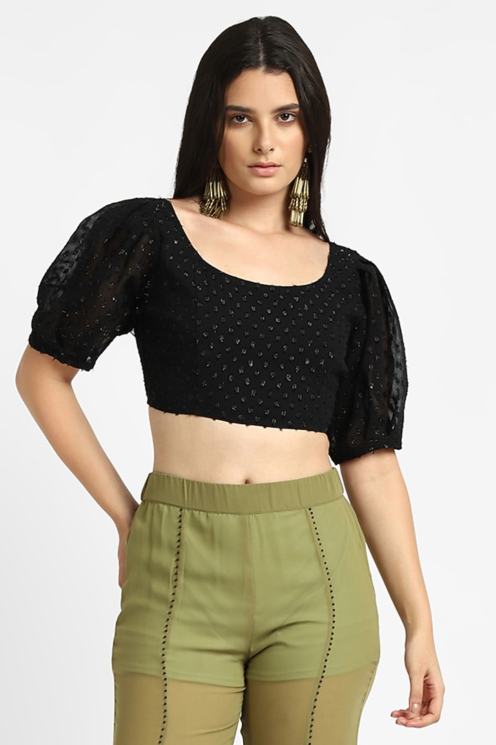 Black Chiffon Plumete Cropped Top by NOTRE AME at Pernia's Pop Up Shop