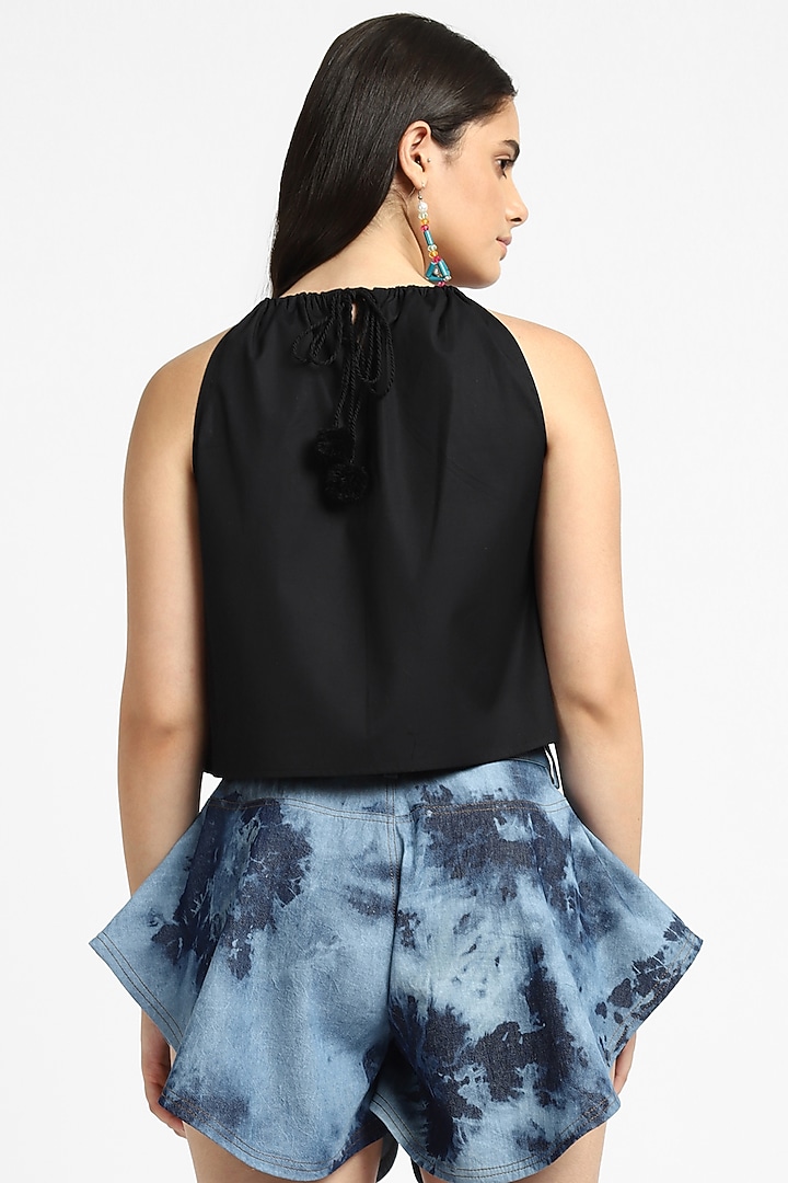 Black Cotton Bead Embroidered Cropped Top by NOTRE AME at Pernia's Pop Up Shop